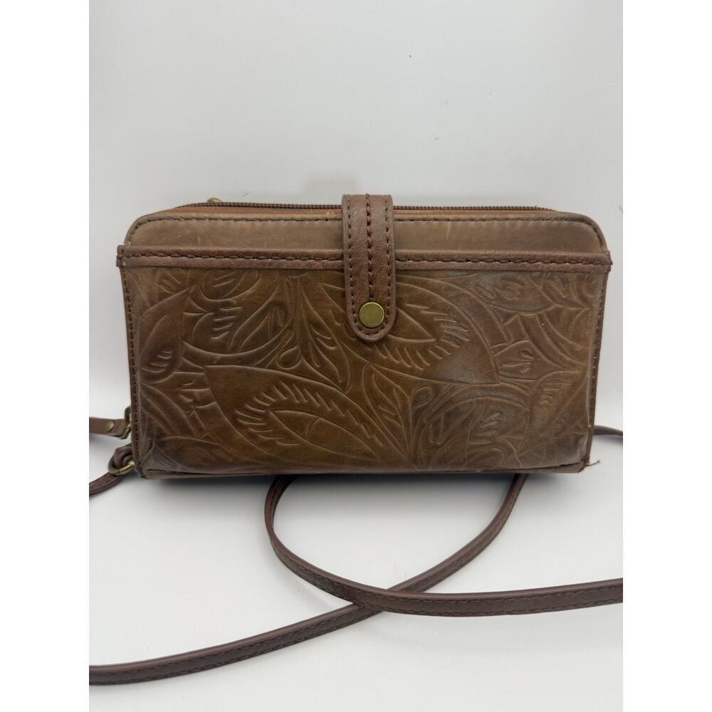 The Sak Iris Brown Leather Embossed Crossbody Wallet Clutch, Phone Holder, Xbody
